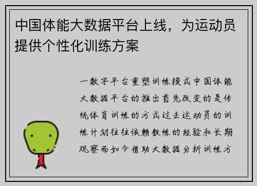 中国体能大数据平台上线，为运动员提供个性化训练方案